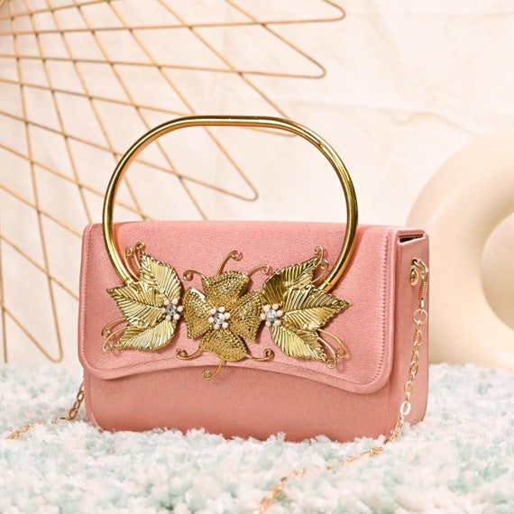 Rose Pink Flap Clutch Purse Bag With Royal and Heavy Embroidery
