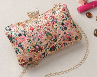 Fairy Peach Clutch purse, bag with Floral sequin Embroidery and sling for Princess Wedding Function, Royal Evening Party & Ethnic wear.