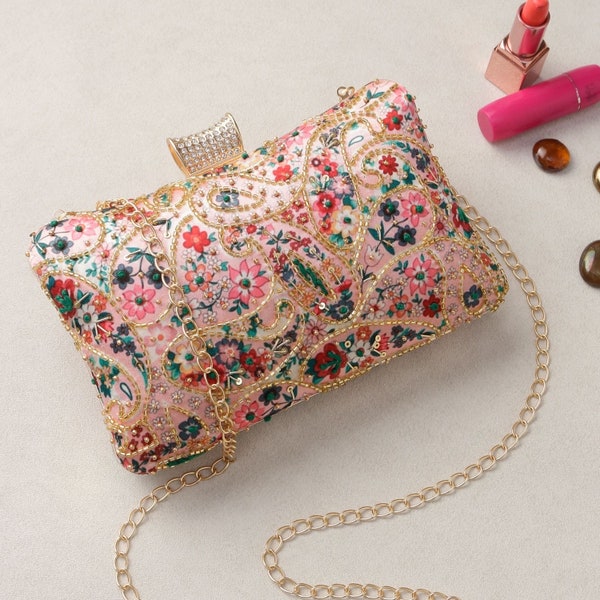 Fairy Peach Clutch purse, bag with Floral sequin Embroidery and sling for Princess Wedding Function, Royal Evening Party & Ethnic wear.