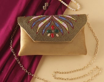 Gold Stone Clutch purse, bag with Embroidery, sequin work, shoulder strap and handle for Indian Wedding, Evening Party and Ethnic wear.
