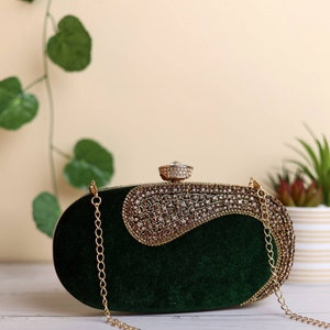 Velvet Emerald Green Clutch purse, bag Embroidered with faux diamonds, shoulder strap and handle for Wedding, Evening Party and Ethnic wear. image 2