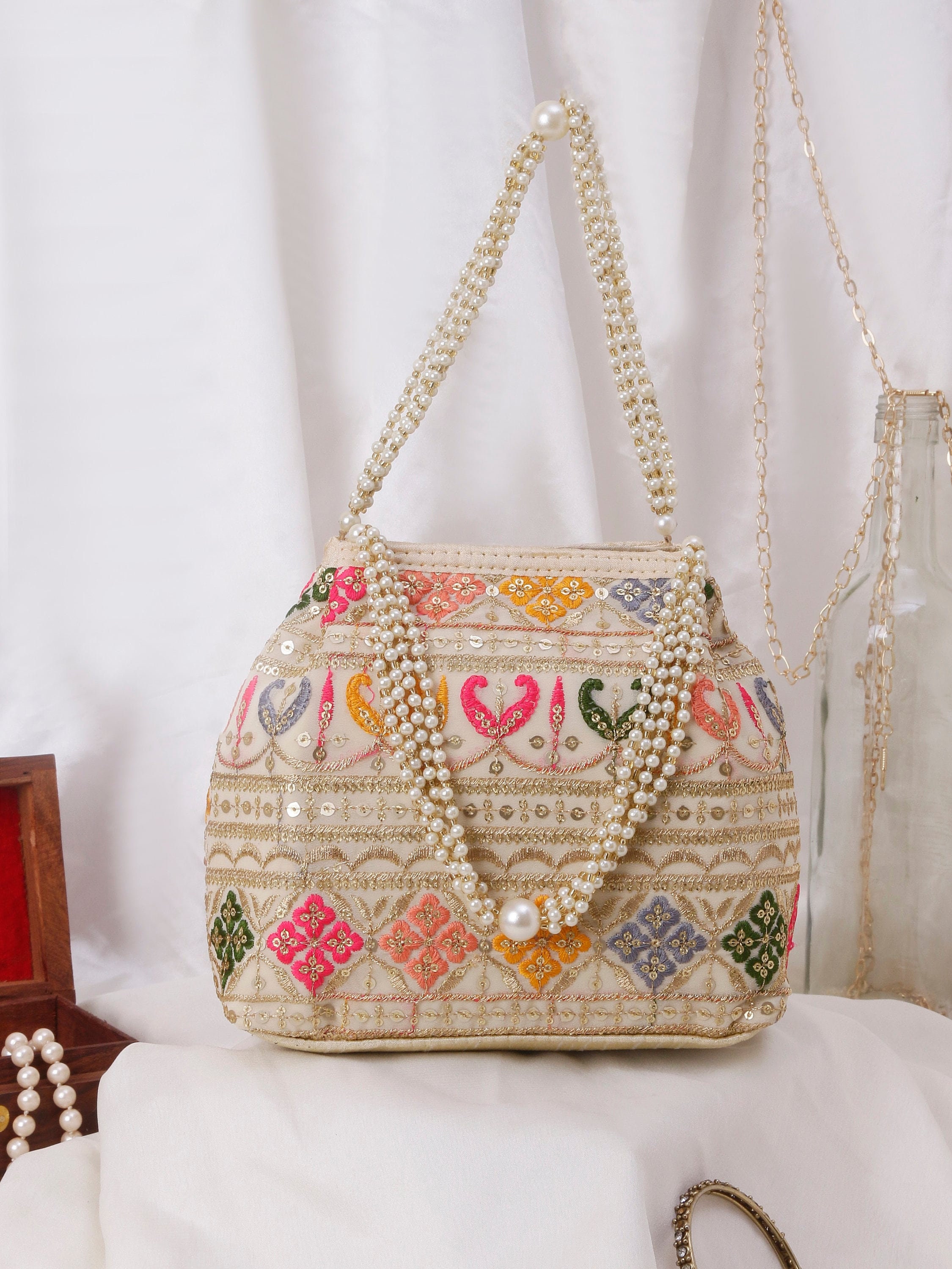 Buy SriAog Handicrafts Women Handbag MINI Handle Bag Banjara Traditional Hand  Purse Cotton handmade (Small 6.5x9.5 Inch original Mirrors Beads and Thread  Work Handcraft Pouch hand held bag) (White) Online at Best Prices in India  - JioMart.
