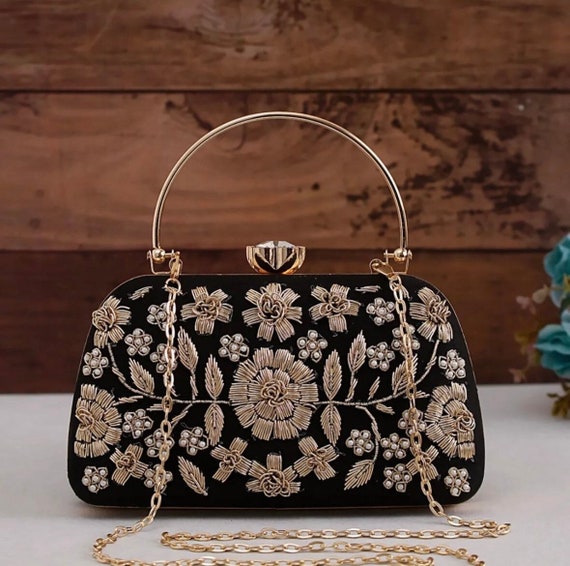 Black Silk Pearl Clutch Purse, Bag With Gold Embroidery, Sequin Work,  Zardozi Work and Leaf Pattern for Western and Traditional Outfit. 
