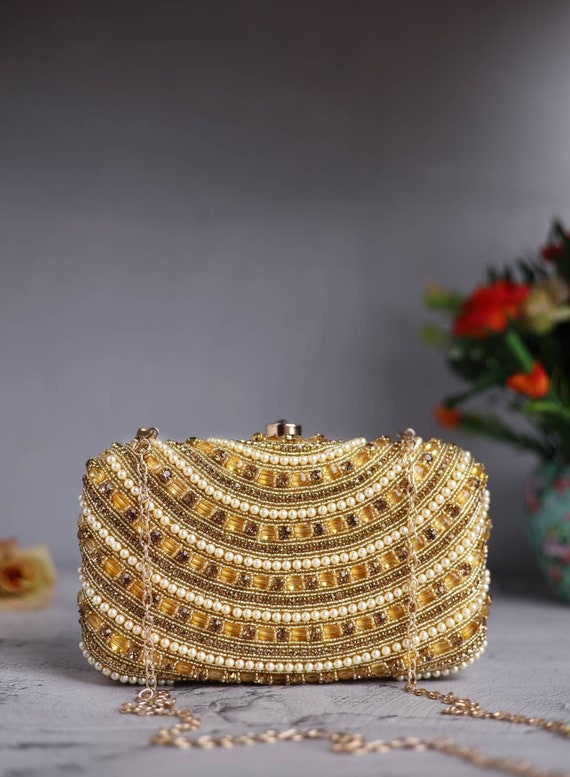 Stone gold color Embroidered Clutch purse bag with Designer Pattern shoulder strap and handle for Wedding Evening Party and Ethnic wear