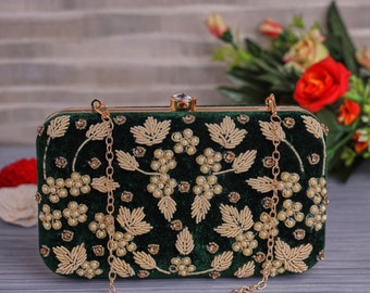 Gold leaf clutch purse, bag with Dark Green Velvet, Sequin work, shoulder strap, handle for Wedding, Evening Party and Ethnic wear.