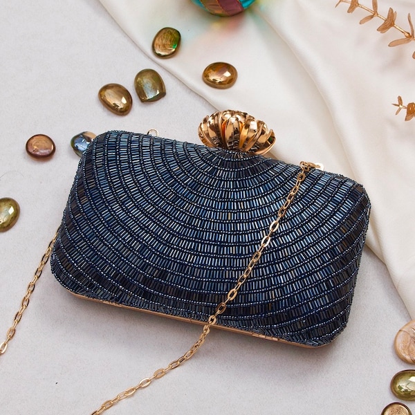 Elegant Navy Blue Clutch purse, bag with Royal Embroidery, Luxury texture, shoulder strap and sling for Wedding, Day Party and Ethnic wear.