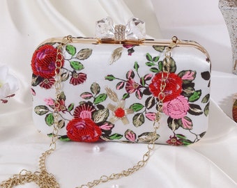 Floral Country Style Clutch, Purse bag with Pink Flower Embroidery, White Fabric and Metal Sling for Theme Wedding and Evening party.