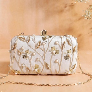 White Studded Embroidered Clutch purse,bag with Designer Pattern, pearl work, shoulder strap and handle for Wedding and Evening party.