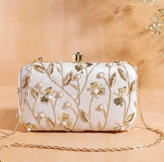 Women's Rectangular Crossbody Bag - Gold Chain Strap / Pearl Key Fob / White