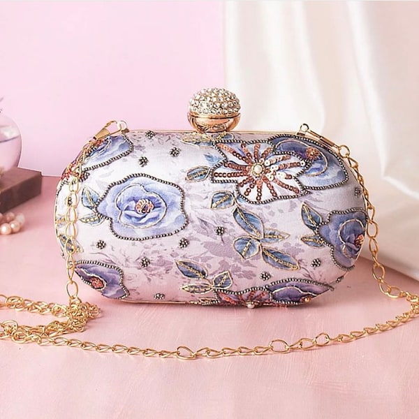 Printed Capsule Silk clutch purse, bag with Blue embroidery, Zardozi work, Designer Pattern for Royal Wedding outfit and Ethnic wear.