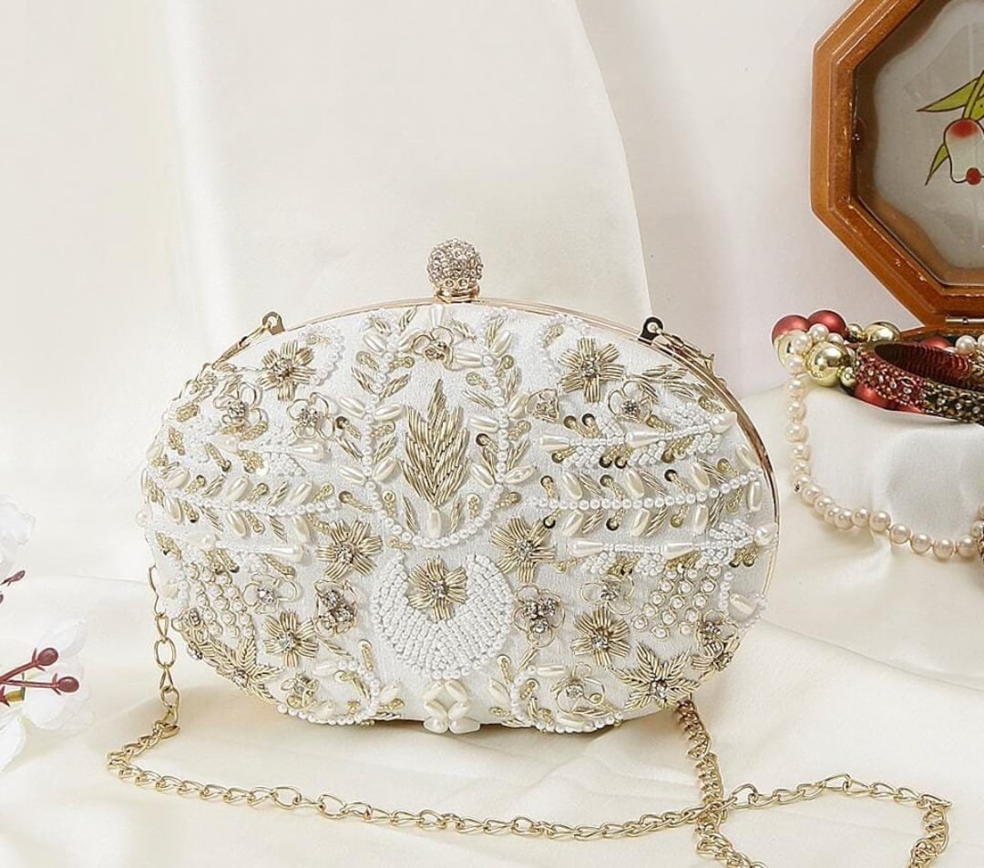 White Overside Clutch With Vintage Sequin Embroidery, Royal Elegant ...