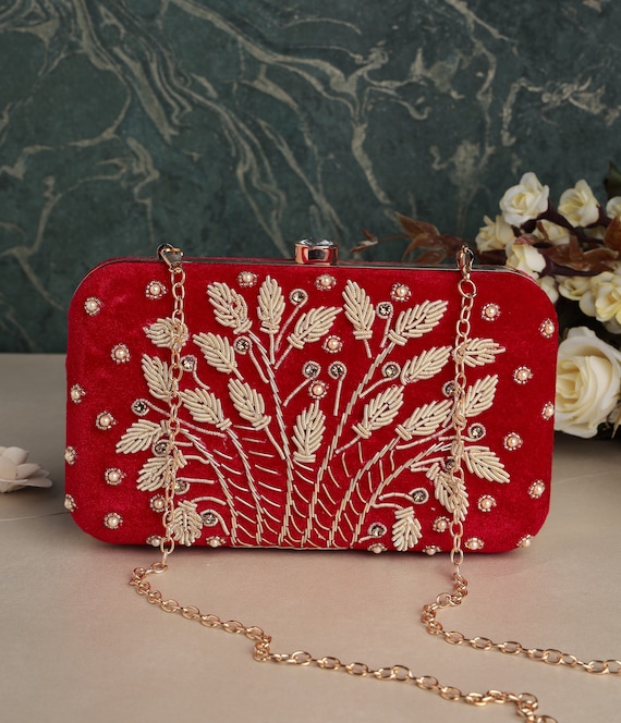 Zardozi Velvet Red Embroidered Clutch Purse Bag With Designer