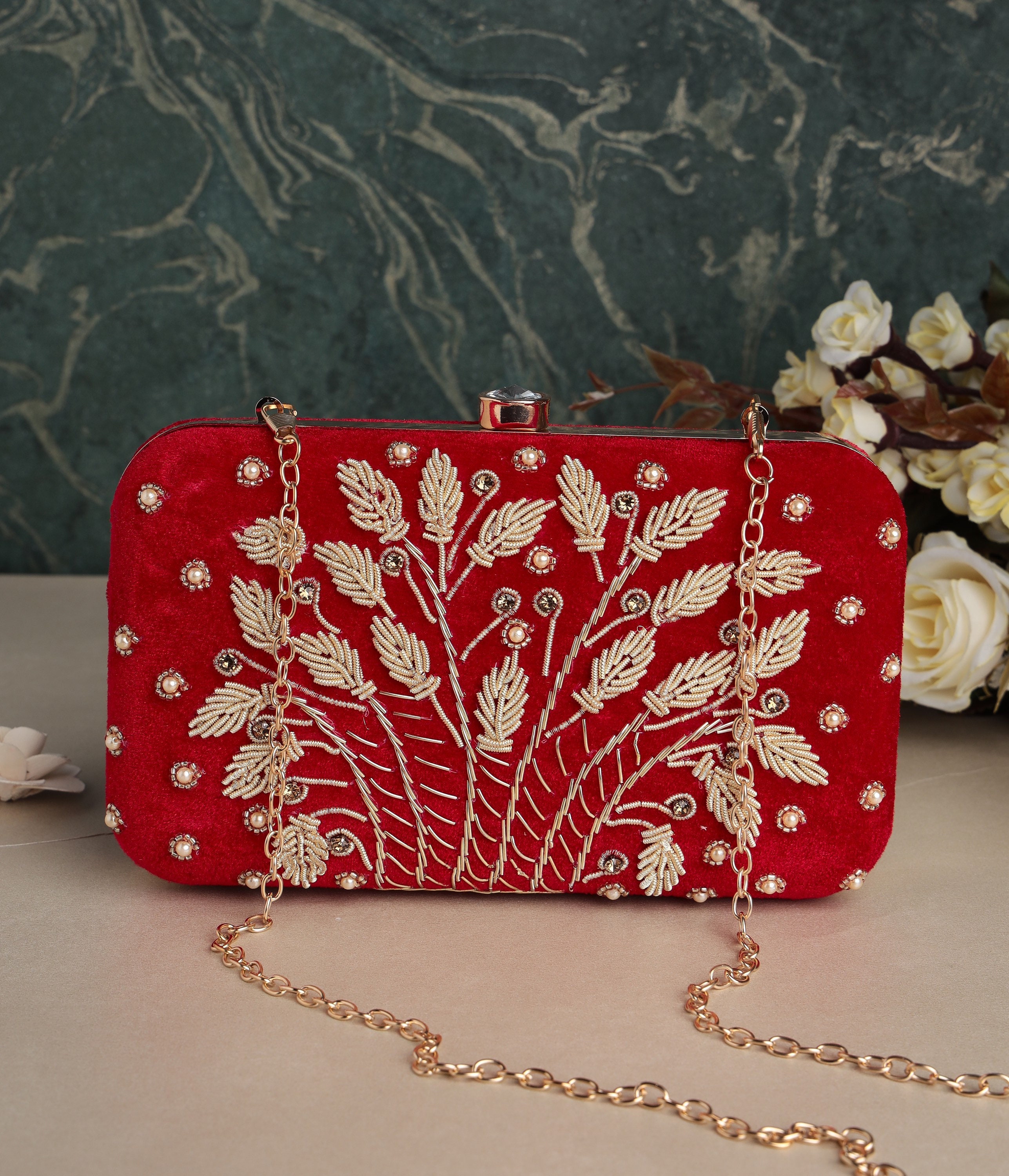 MaFs Handicraft Beautiful Embroidery Bling Box Clutch Bag Purse For Bridal  – SaumyasStore