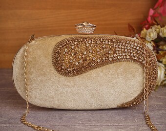 Velvet Gold Embroidered Clutch purse, bag with Sequin work, Faux diamonds and royal look for Wedding, Evening Party and Ethnic wear.