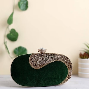 Velvet Emerald Green Clutch purse, bag Embroidered with faux diamonds, shoulder strap and handle for Wedding, Evening Party and Ethnic wear. image 3