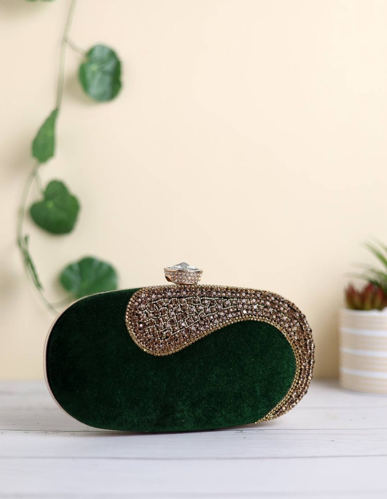 Velvet Emerald Green Clutch purse, bag Embroidered with faux diamonds, shoulder strap and handle for Wedding, Evening Party and Ethnic wear. image 3