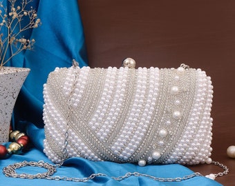 European White clutch bag, purse with Pearl Embroidery Vintage design, & Pre historic inspired for Anniversary, Wedding and Evening party.