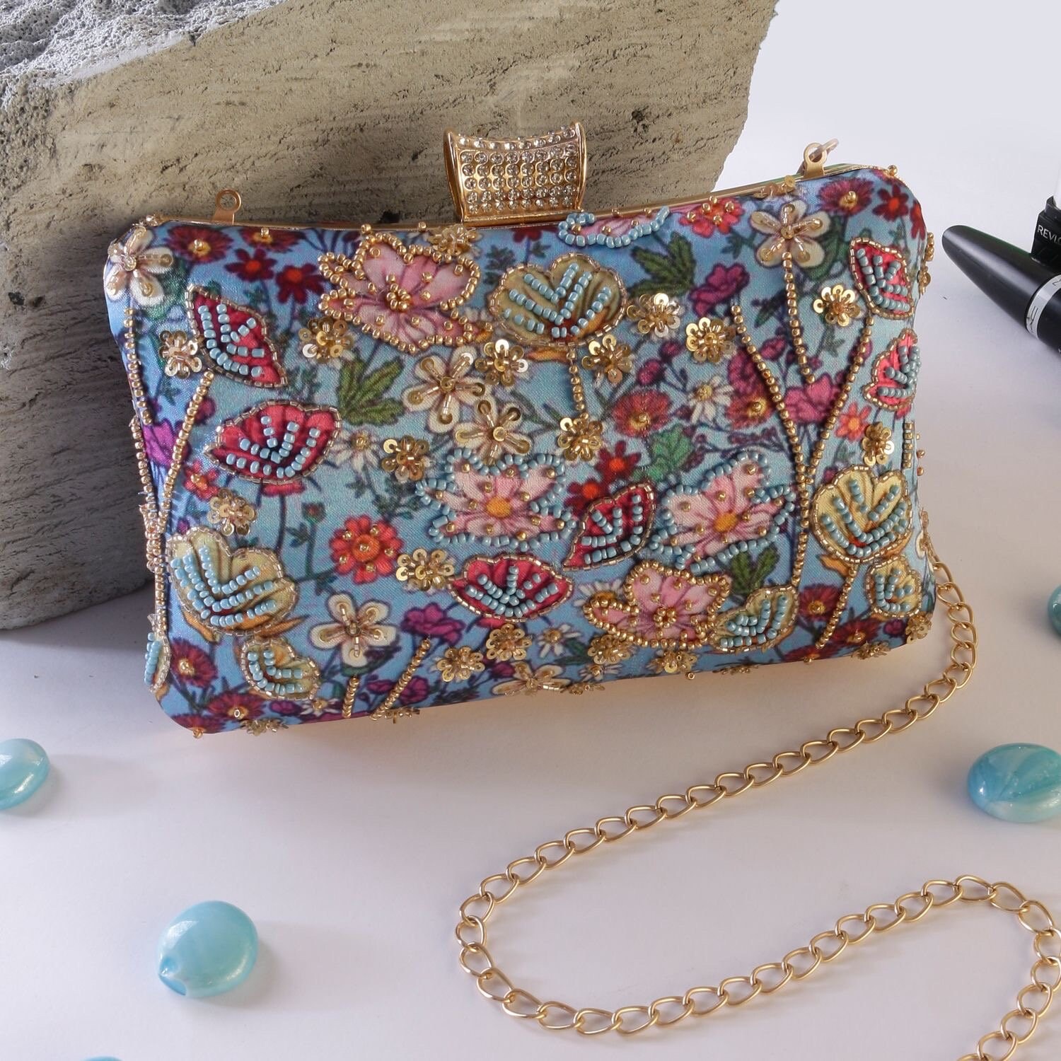 Fairy Peach Clutch Purse Bag With Floral Sequin Embroidery and
