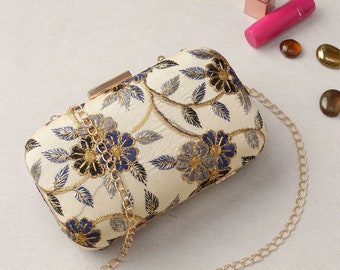Designer Floral Clutch, Purse bag with Threadwork Embroidery, Beige Fabric and Metal Sling for Formal Wedding and Evening party.