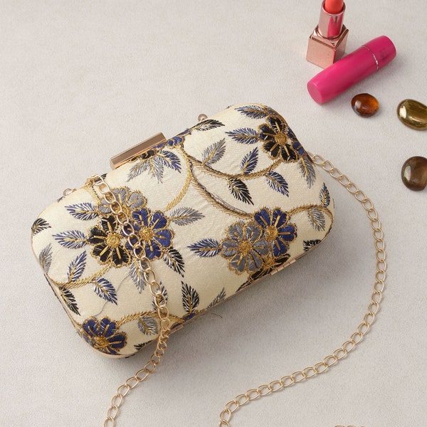 Designer Floral Clutch, Purse bag with Threadwork Embroidery, Beige Fabric and Metal Sling for Formal Wedding and Evening party.