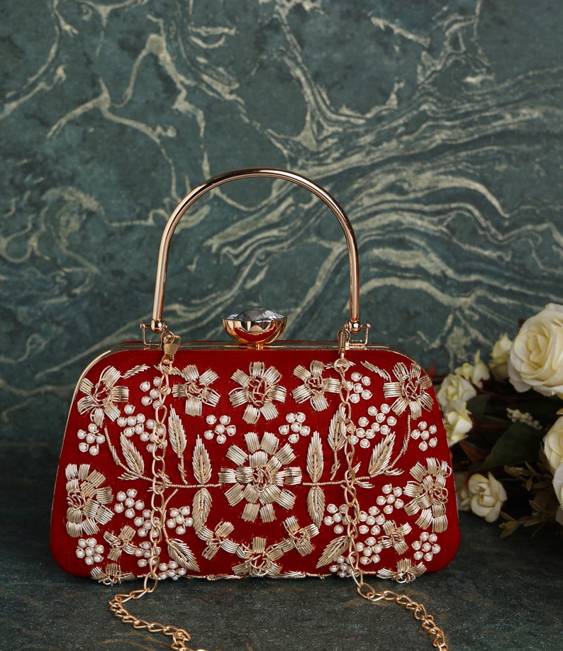 Red Silk Clutch Purse Bag With Gold Embroidery Shoulder Etsy