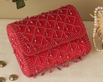 Evening Red Fringe Top Handle bag with Intricate Diamond sequin Embroidery, Monarchial inspired and handle for Prom, Wedding and Party.