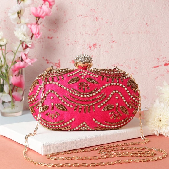 180 - Designer Pink Jhallar Purse with Adjustable Strap