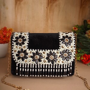 Black pearl purse clutch, bag with Velvet fabric, Sequin work, pearls and royal look for Wedding, Evening Party and Ethnic wear.