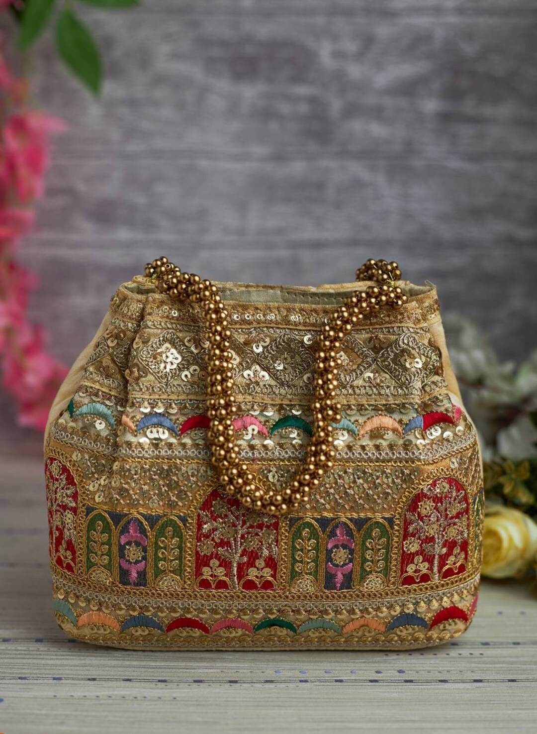Gold Potli Bag With Threadwork, Pearl Handle, Sequin Work, Zardozi Work