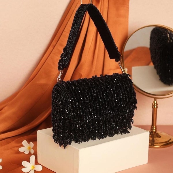 Glamorous Black handbag, top handle bag with Shimmer, Glitter work, Suede Lining and Top shoulder handle for Bridal Shower and Trendy outfit