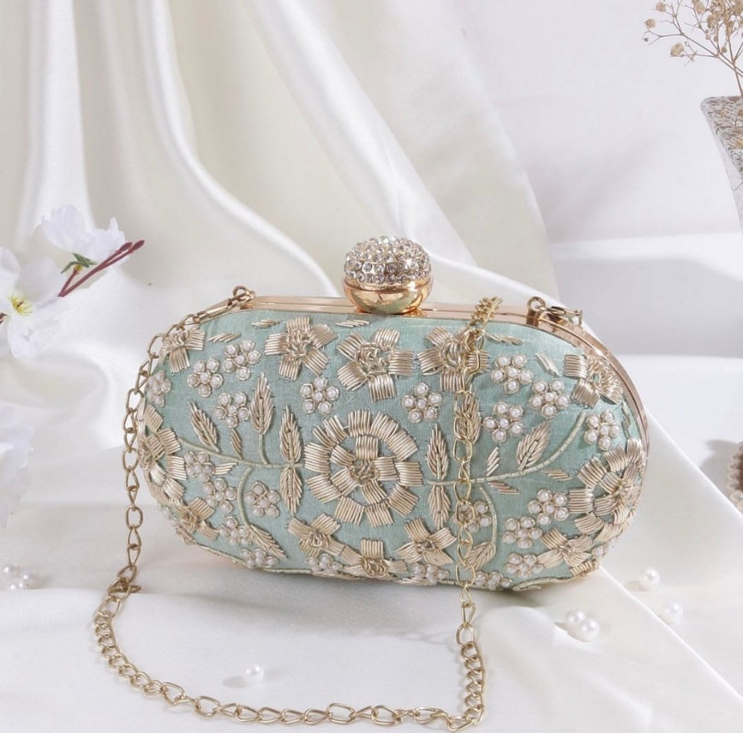 Coral Blue Embroidered Clutch Purse, Bag With Silk Fabric, Sequin Work ...