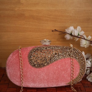 Velvet Emerald Green Clutch purse, bag Embroidered with faux diamonds, shoulder strap and handle for Wedding, Evening Party and Ethnic wear. Pink