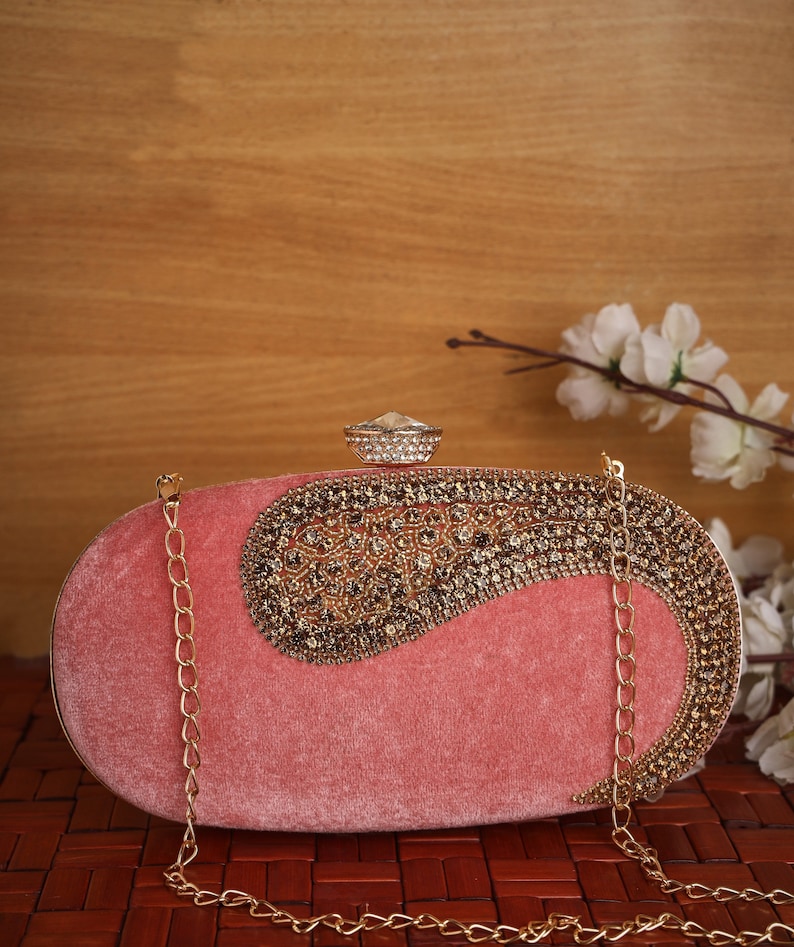 Velvet Emerald Green Clutch purse, bag Embroidered with faux diamonds, shoulder strap and handle for Wedding, Evening Party and Ethnic wear. Pink