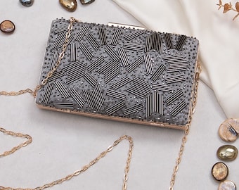 Nardo grey Sequin clutch with Designer Pattern, shoulder strap, handle and metal frame for Wedding, Evening Party and gifting.