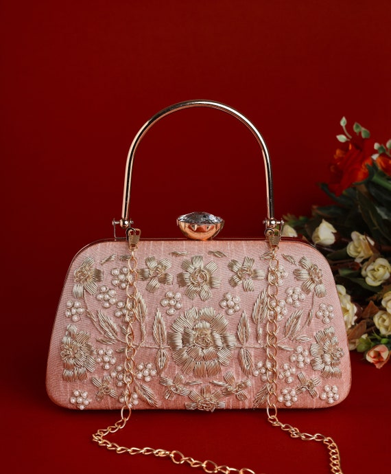Rose Gold Silk Clutch Purse Bag With Victorian Inspired Shoulder Strap and Sling for Wedding Evening Party and Formal Ladies Outfit. Etsy UK