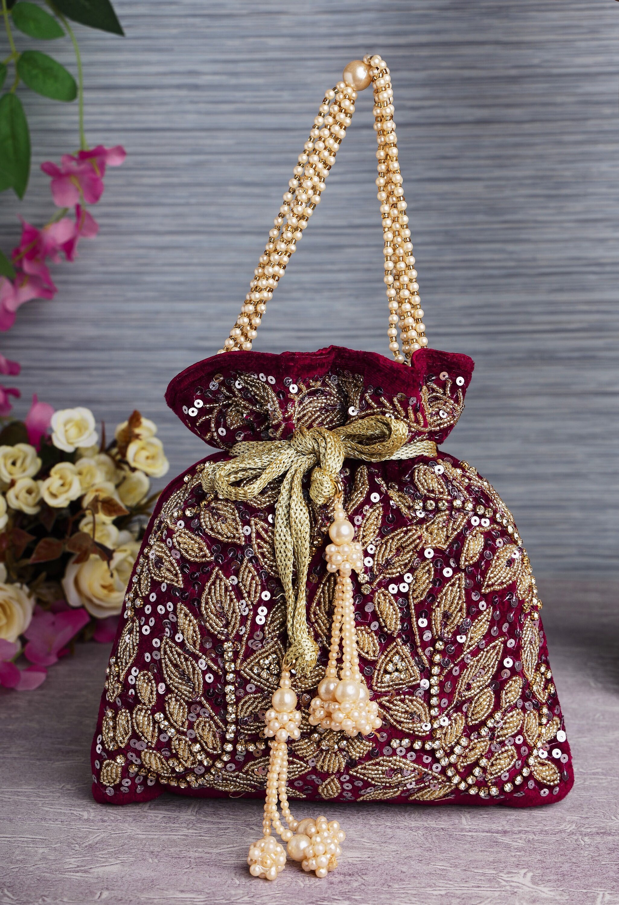Maroon Crystal Potli Bag, Handbag With Sparkle Jewel, Woven Handle ...