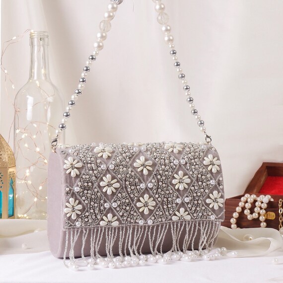 Grey Cloud clutch bag handbag with Aesthetic Fringe Pearl detailed embroidery and handle for Wedding Western and traditional wear