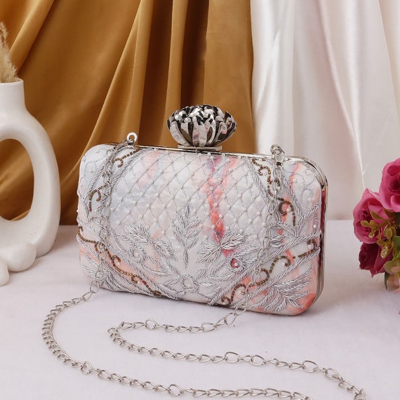 FANCY TRENDY WOMEN BOX CLUTCH WITH CHAIN SLING PARTY WEAR BRIDAL CLUTCH  PURSE Fashionable Beautiful Handmade Embroidery Bridal Party Wedding