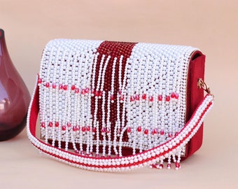 Red Fringe Top handle bag, handbag with Pearl detailed embroidery and handle for Wedding, Western and traditional wear.