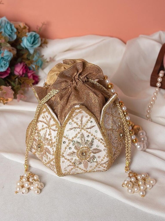 Bridal Velvet Embroidered Potli bags with pearl embellishments and