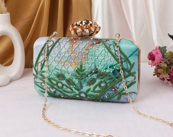 Sea Green Clutch purse, bag with Mod style design, , Sequin embroidery, Lotus knob and sling for Summer, Anniversary and Wedding.