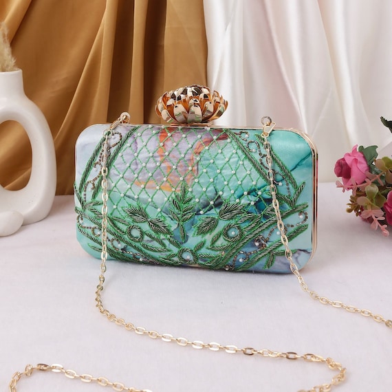 Sea Green Clutch Purse Bag With Mod Style Design Sequin 