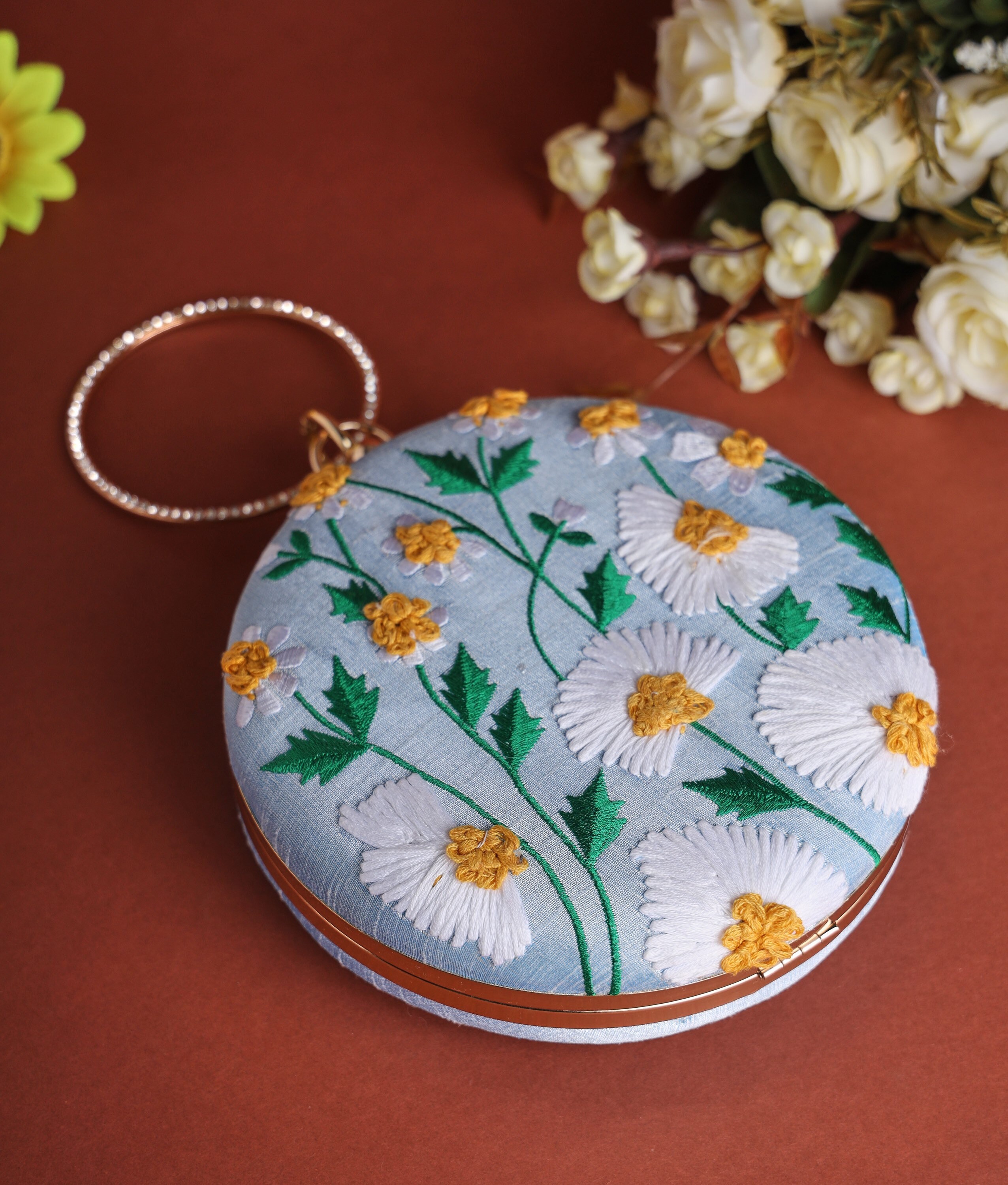 Sky Blue Round Clutch Purse, Bag With Floral Pattern, Silk Fabric