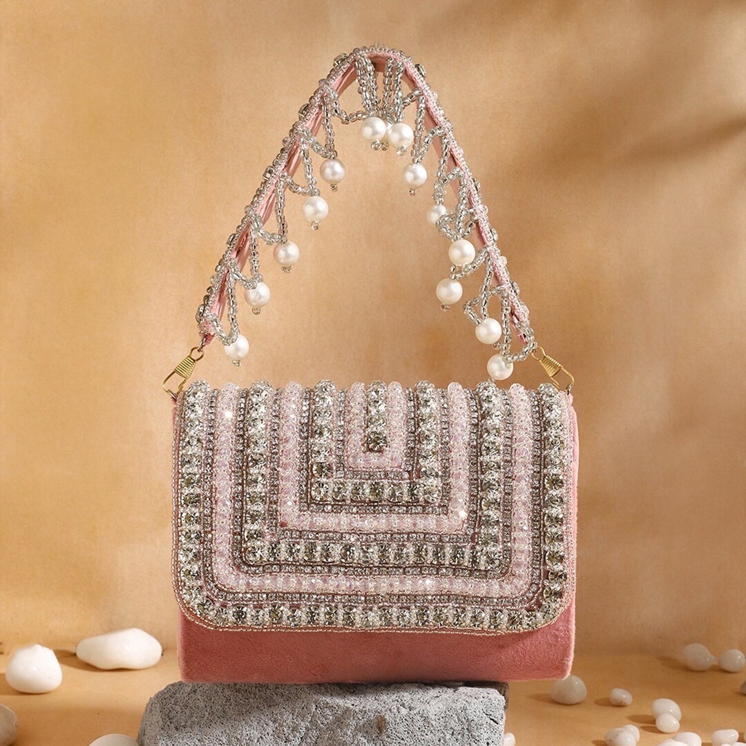 Blush Pink Clutch Bag, Handbag With Aesthetic Fringe, Pearl Detailed