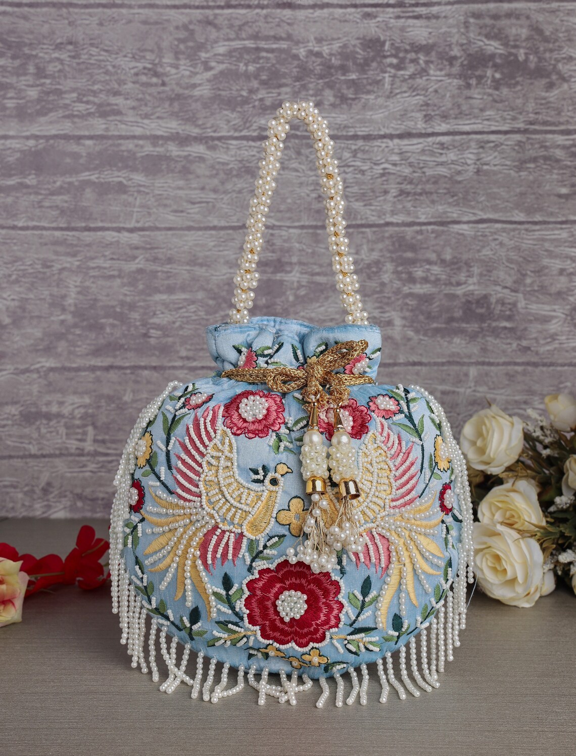 Sabyasachi Inspired Potli Bag,handbag With Threadwork, Pearl Handle ...