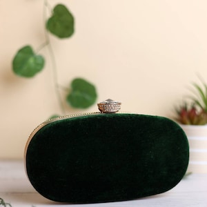 Velvet Emerald Green Clutch purse, bag Embroidered with faux diamonds, shoulder strap and handle for Wedding, Evening Party and Ethnic wear. image 4