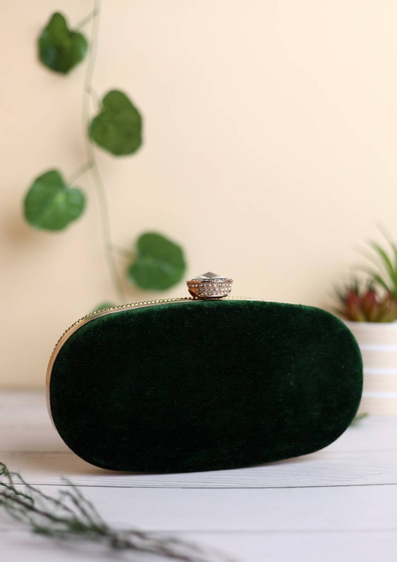 Velvet Emerald Green Clutch purse, bag Embroidered with faux diamonds, shoulder strap and handle for Wedding, Evening Party and Ethnic wear. image 4