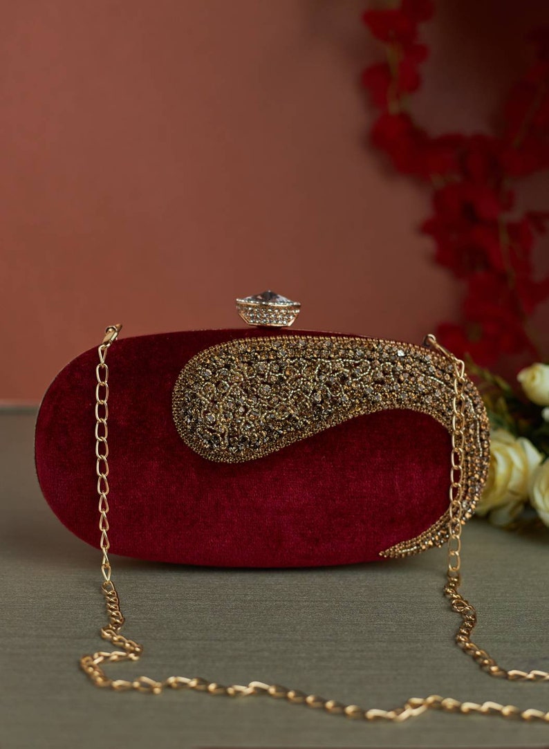 Velvet Emerald Green Clutch purse, bag Embroidered with faux diamonds, shoulder strap and handle for Wedding, Evening Party and Ethnic wear. image 5
