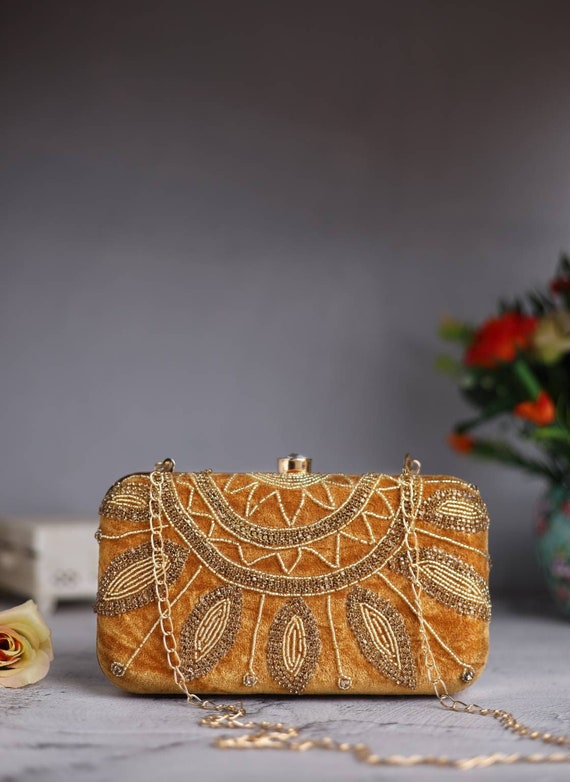 Engagement Gold Velvet Clutch Purse, Bag With Detailed Embroidery, Designer  Pattern and Sling for Wedding Function, Day Party and Ethnic Wea - Etsy