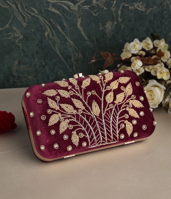 Zardozi Velvet Violet Embroidered Clutch Purse, Bag With Designer Pattern,  Strap and Handle for Wedding, Evening Party u0026 Ethnic Wear. - Etsy